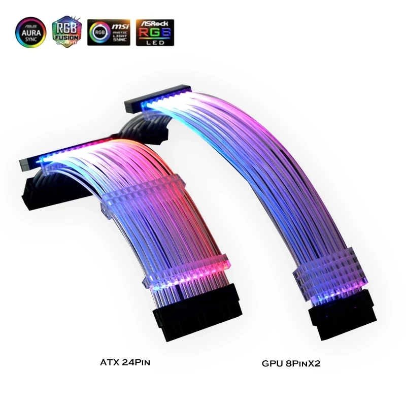 

PSU Extension Cable RGB, Module Line ATX 24Pin / GPU 8Pin Triple Streamer PCI-E 6+2Pin Rainbow Cord 5V Sync, PC Case Decoration