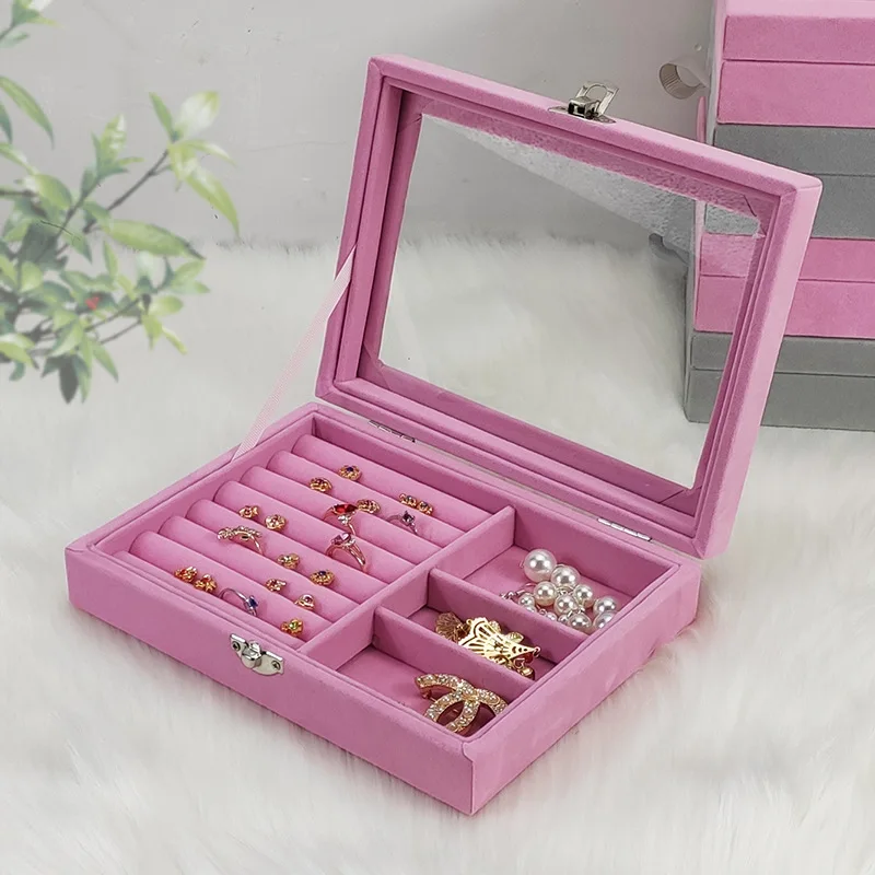 

Portable Flannel With Glass Lock Transparent Jewelry Necklace Ring Earring Jewelry Storage Box, Gray,pink,light yellow