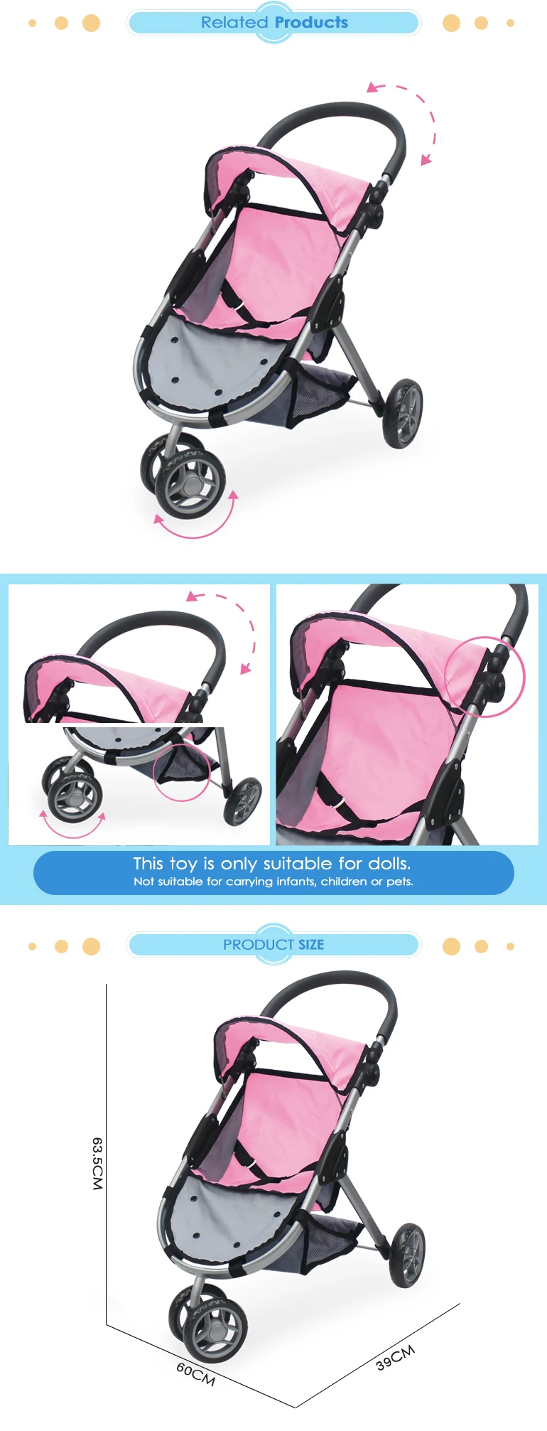Fei Li stroller new arrivals 19mm baby toys  stroller for little girl playing with adjustable handle baby doll carriage