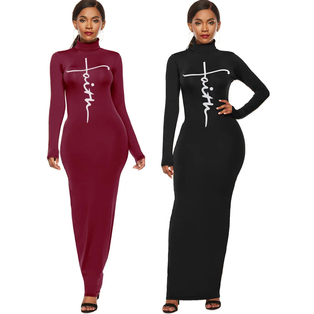 

Wholesale Clothing Fall Dresses Faith Round Neck High Waist Print Hot Sale Burst Bodycon Sexy Long Dresses