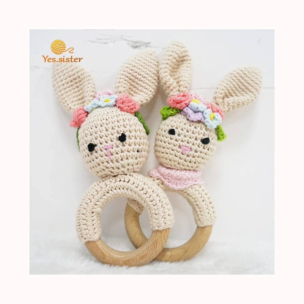 

Hot Fashion Beech Wooden Ring Crochet Bunny Rattle Teether Toy