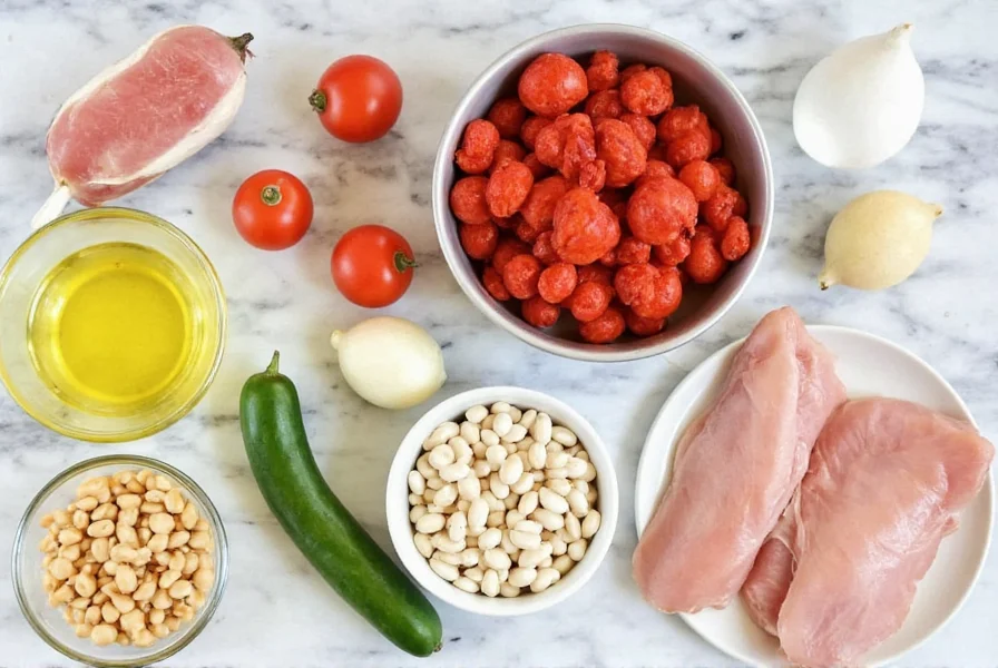 Raw ingredients for white bean chicken chili arranged neatly around slow cooker