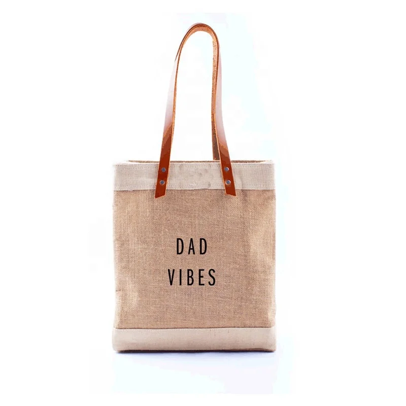 

Wholesale Water Resistant Eco-friendly Customized Market Tote Jute Bags Leather Handles Burlap Shopping Tote Bag, Nature