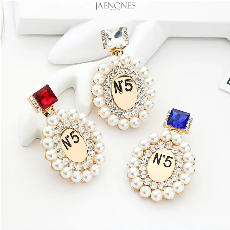 

JAENONES Rhinestone Perfume NO.5 Bottle Brooches For Women Enamel Fashion Jewelry Logo Brooch Geometric Bottle Brooches