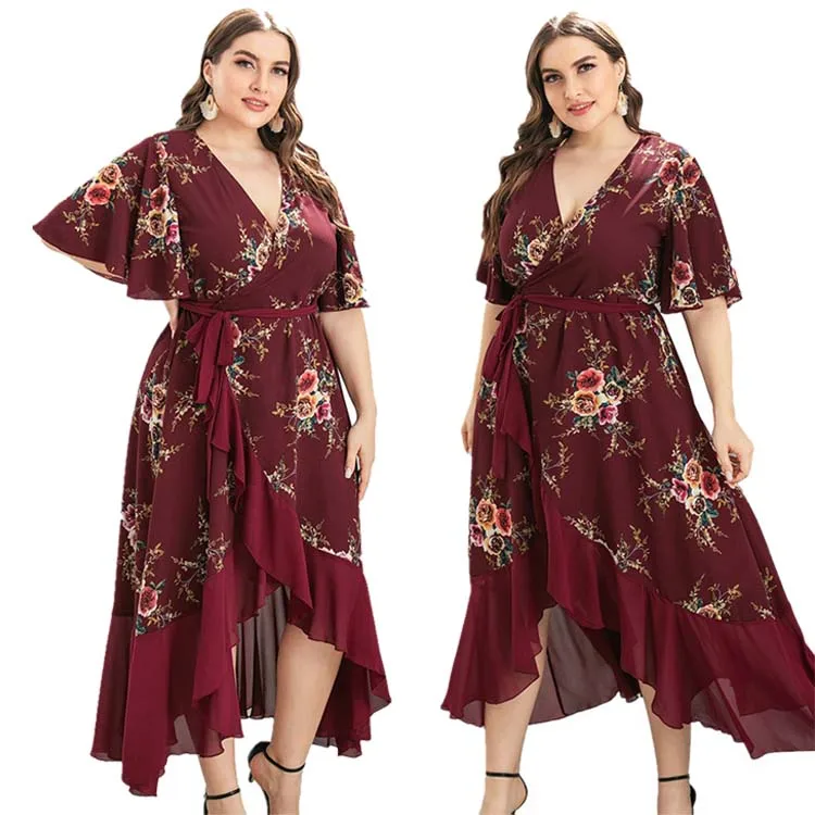 

2021 European and American Plus Size Women's Summer New Style V-neck Ruffled Irregular Print Dress Long Skirt, Picture color