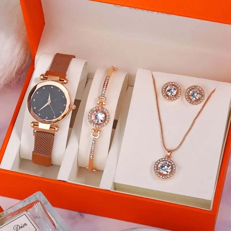 

2021 Luxury Women Watches Crystal Bracelet Stud Earring Necklace Set Ladies Watch Casual Quartz Wristwatch Set