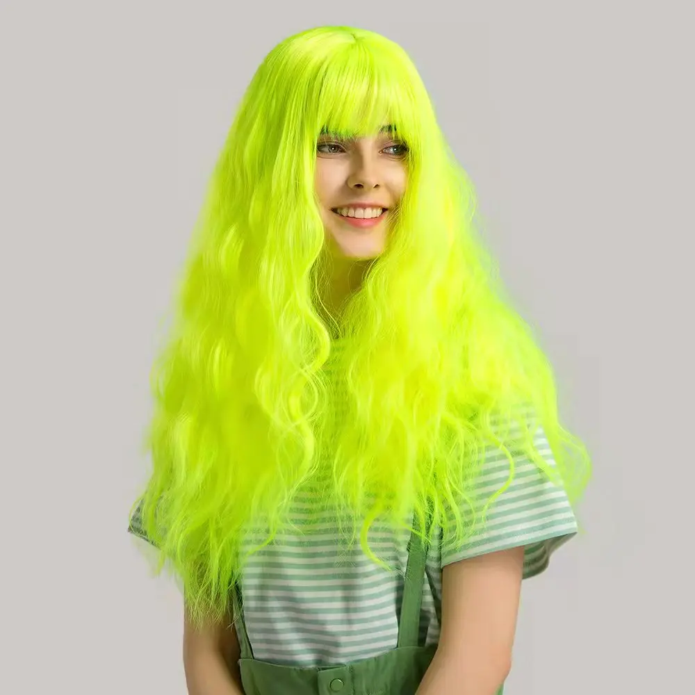 Factory Wholesale Green Fluorescent Color Long Synthetic Wig With Bangs Wave Wig Curly Natural Wig Durable Smooth Real Photo