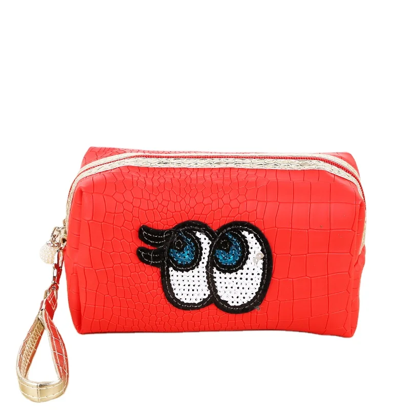

wholesale cut eye embroidery glitter zipper closure PU leather brush bag cosmetic, 3 colors can choose