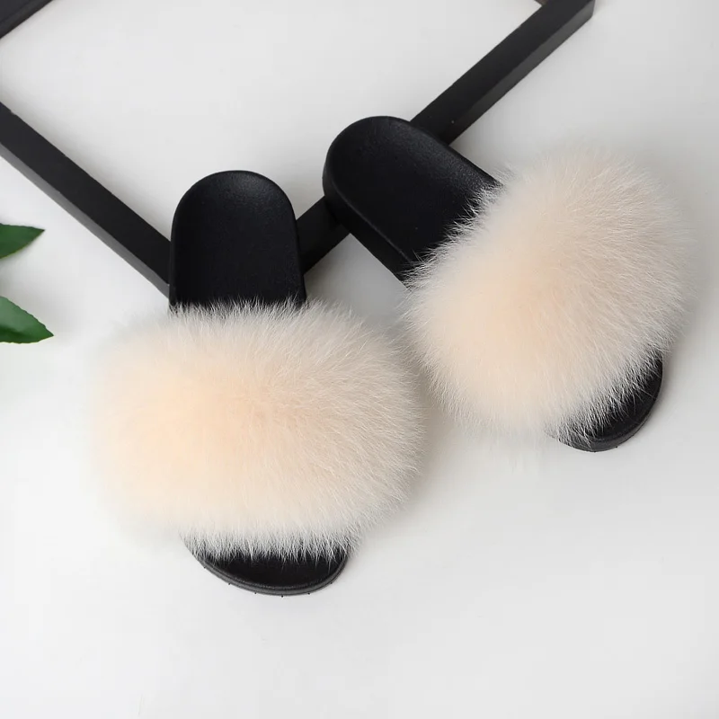 
2020 fluffy fox fur slippers designer slides for women 