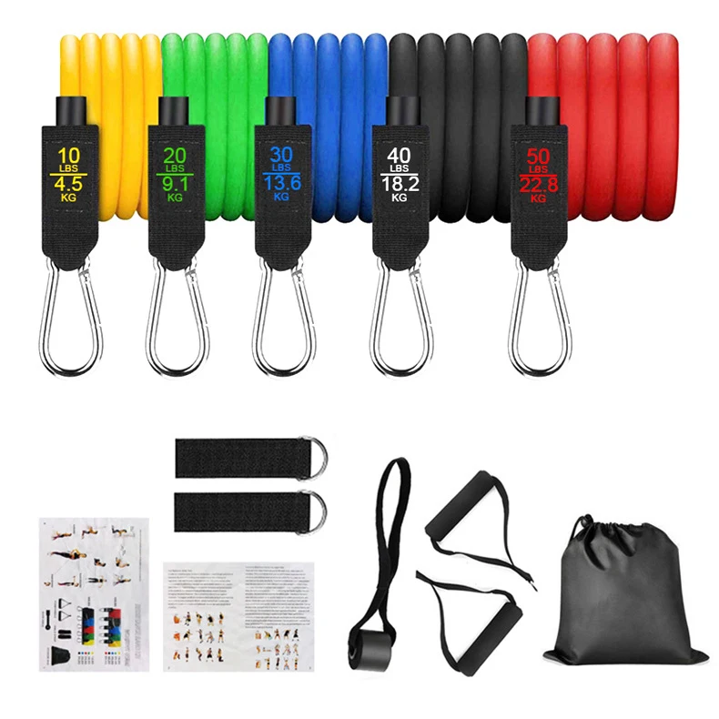 

High Quality 150 lb 11Pcs Latex Resistance Band Set With Foam Handles For Abs Exercise Workout Fitness Kits, Yellow,red,green,blue,black