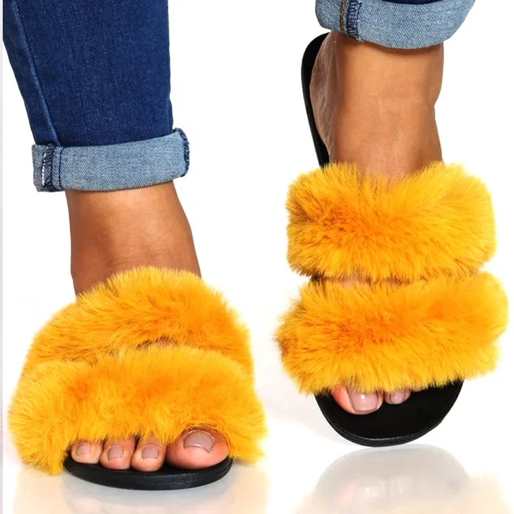 

2021 Wholesale two strap Fake faux fur sandals slides, Customized color