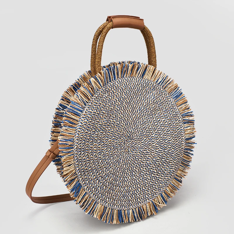 

2019 Fashion New tassel Handbag High quality Straw bag Women beach woven bag Round Tote fringed beach wovenShoulder Travel bag, Blue