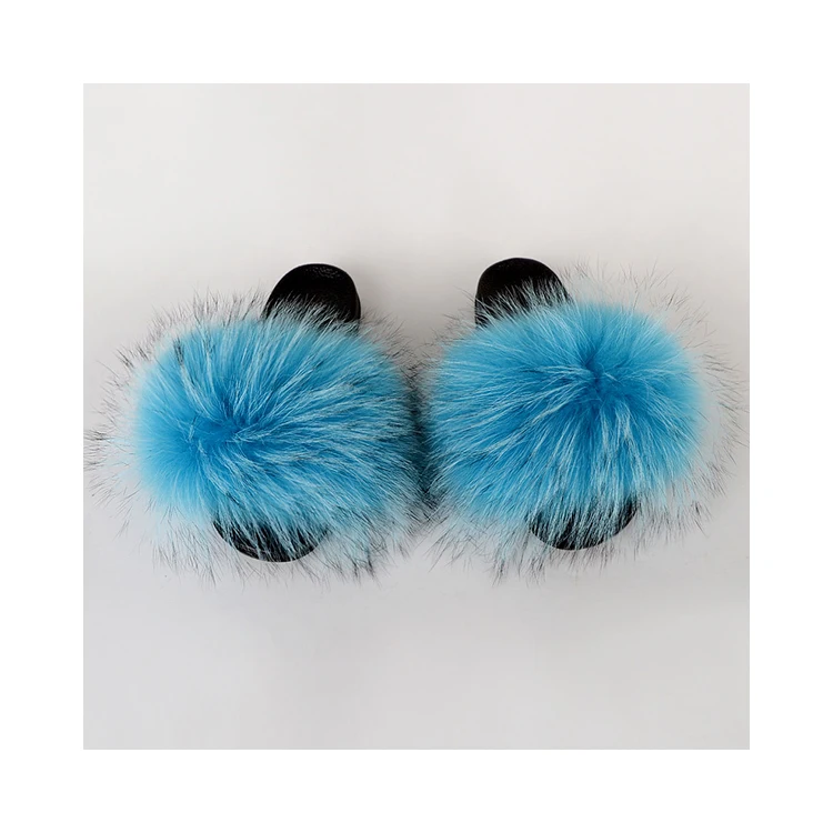 

2021 quantity discount blue soft fur slippers fashion fox fur slippers, Customized color