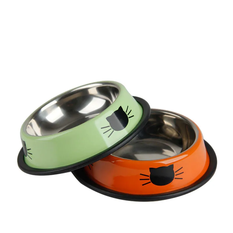 

Pet Supplies Thickened Cat Bowl Stainless Steel Printed Rubber Rim Double Bowl Puppy Bowl, Green,orange,gray,purple,black,purplish red,blue