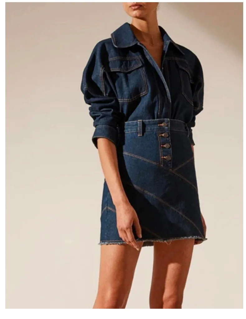 

2021 Spring Fashion Pocket Turn Down Single Button Two Piece Denim Jeans Set Dress