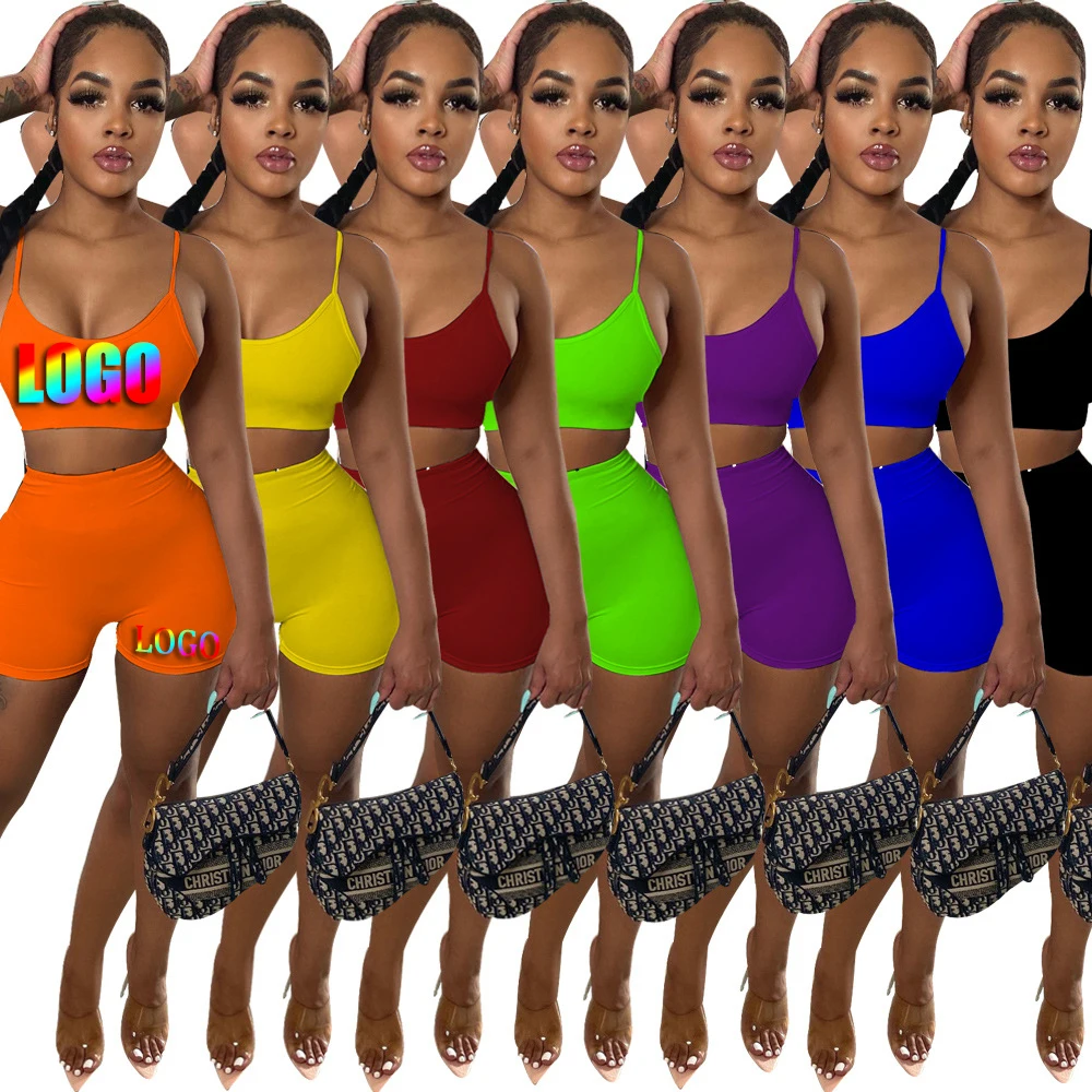 

Solid ColorPiece Short Set Women Crop Top Biker Shorts Sportswear Yoga Suits Sleeveless Summer Women Set Two Piece Clothing, 10colors