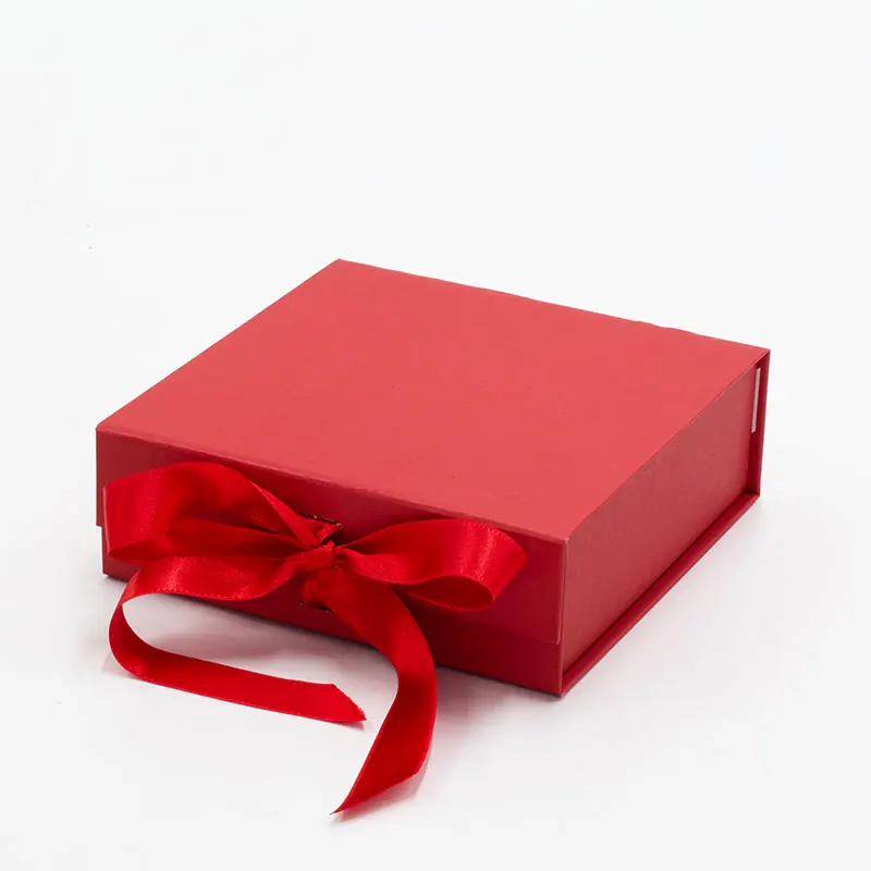 

25pcs red square retail products packaging folding flat rigid gift boxes with ribbon