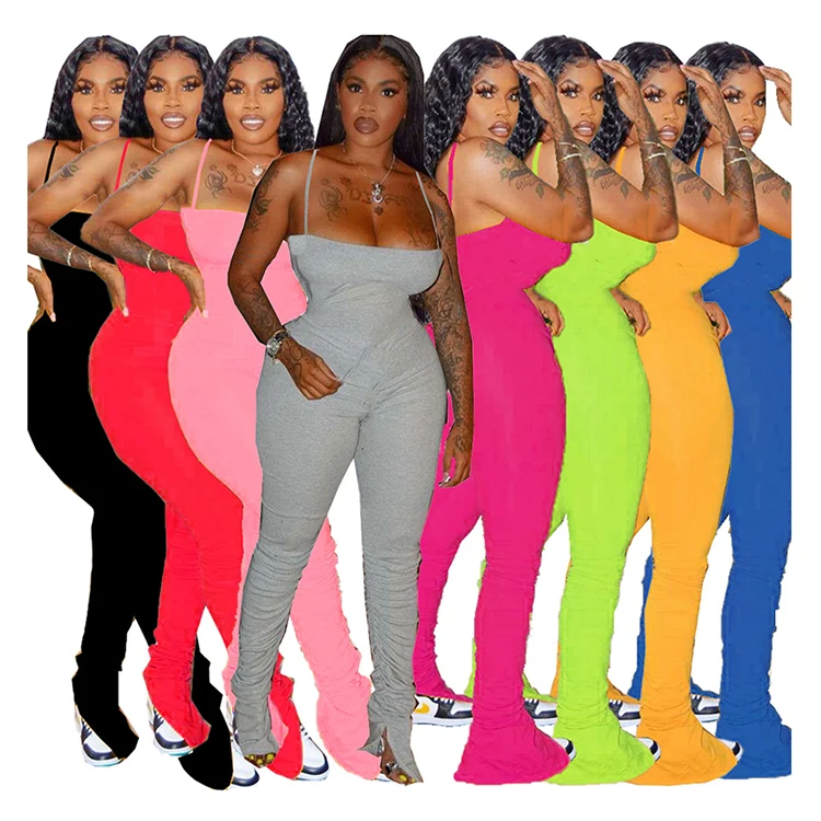 

0420M251 Hot Sale Solid Color Suspender Strap Jumpsuits Pleated Flared Slit Summer Fashion Ladies Women Jumpsuits And Rompers