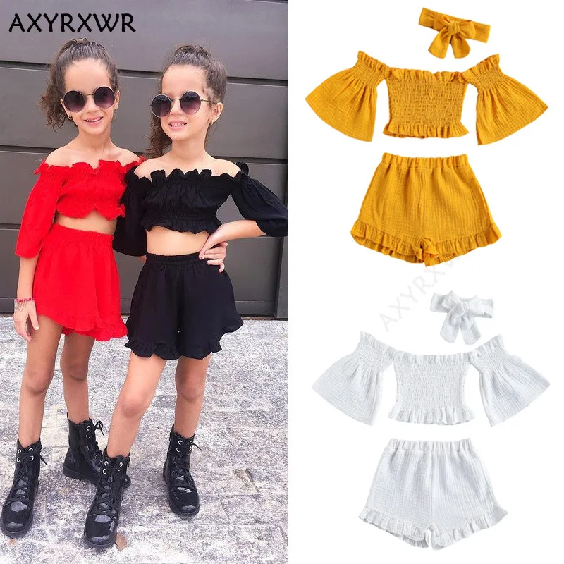 

girl clothing sets kids summer sets 3 piece Headband Off Shoulder shirt short pants