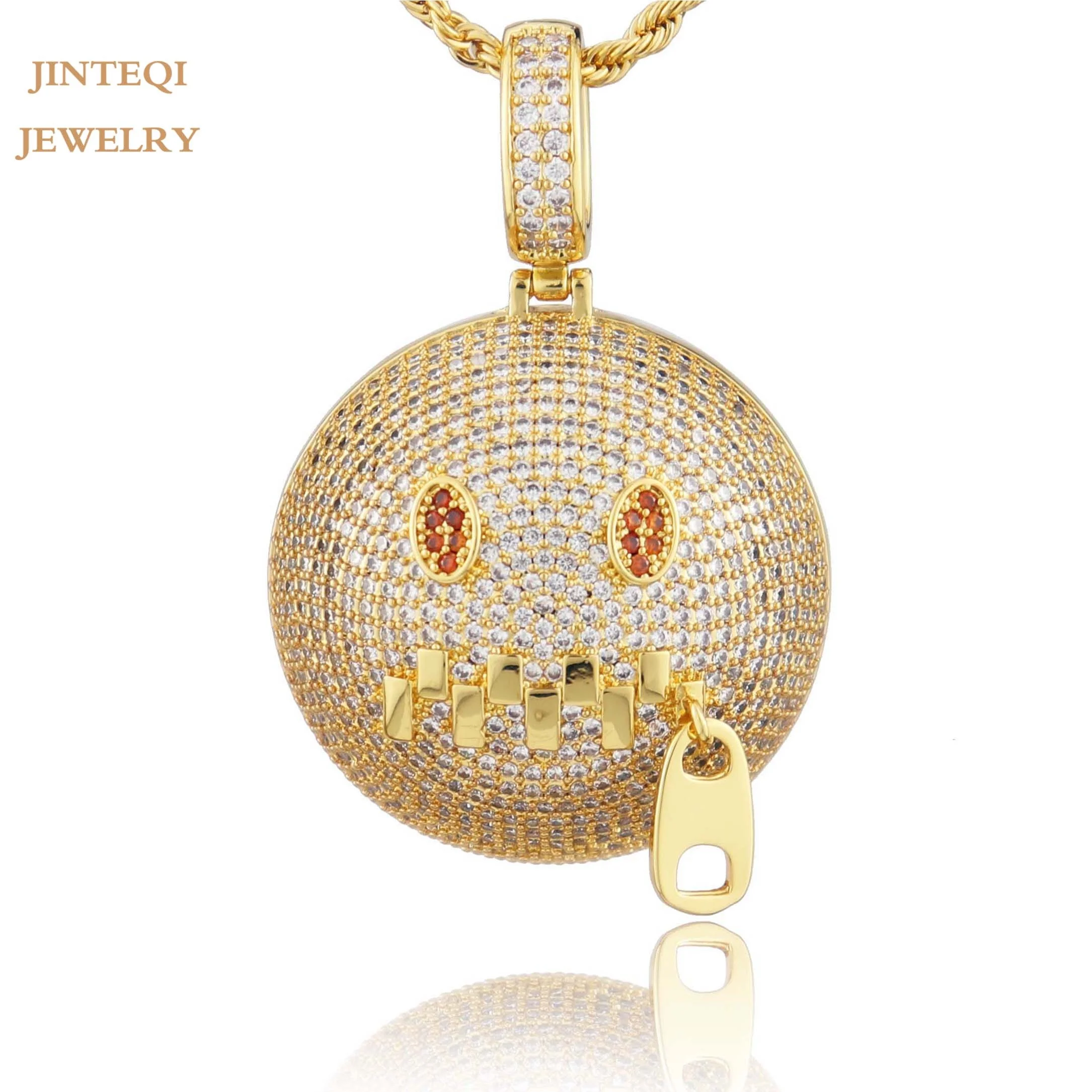 

The new jewellery Zipper mouth face phiz fashion Pendant Necklace jewelry Rapper gift Cubic Zirconia plated 18k gold jewelry set, White/gold