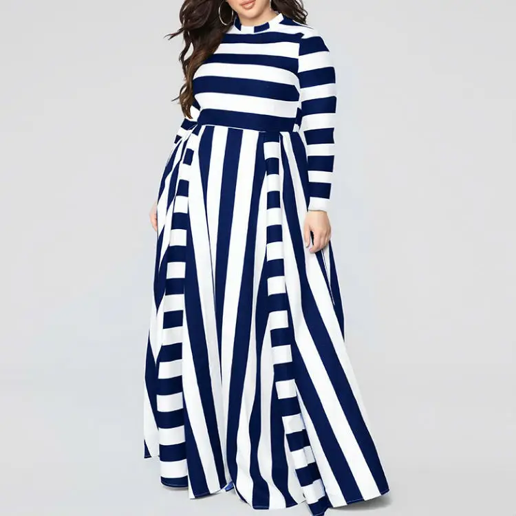 

women's loose long-sleeved round neck horizontal and vertical stripes long large size dress, Colors bodycon plus size tie dye dress