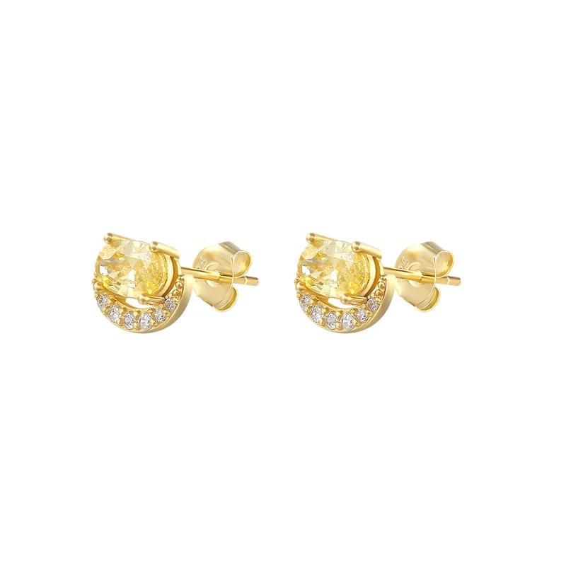 

Party jewelry crescent zircon yellow blue 18k gold diamond for ladies S925 silver stud earrings