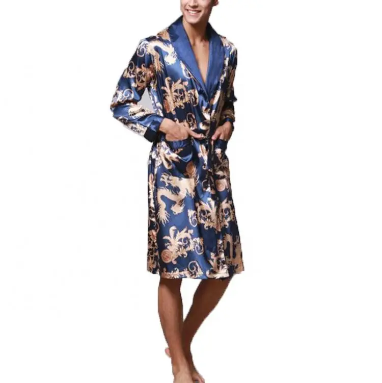 

SHINING Latest Design Summer And Autumn Organic Cotton Long Sleeve Bathrobe Silk Robe For Men, Black/dark blue/wine/grey/camel