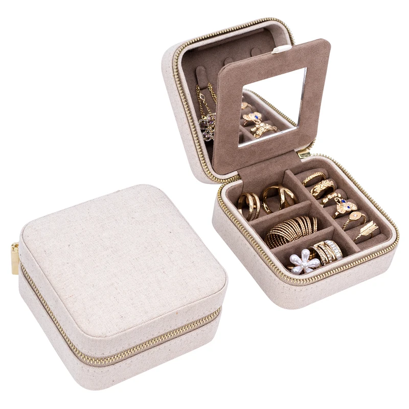 

Amazon Best Sell Ring Earrings Diamonds Zipper Box Eco Friendly Linen Jewelry Case, Beige