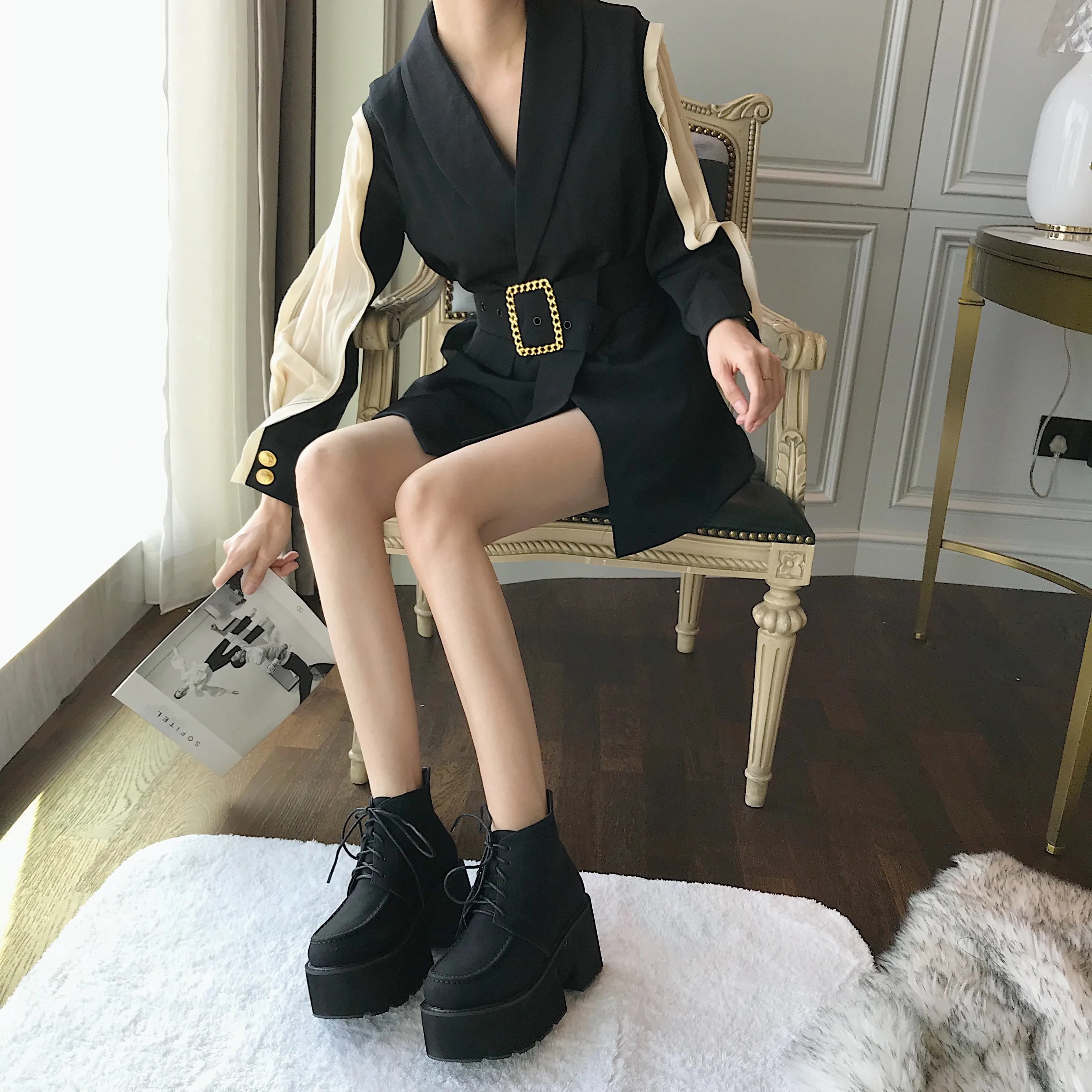 

DEleventh Shoes Woman New Arrivals 2020 Platform Formal Shoes New Round Toe Coarser Heels Ankle Formal Boots Black Autumn Winter
