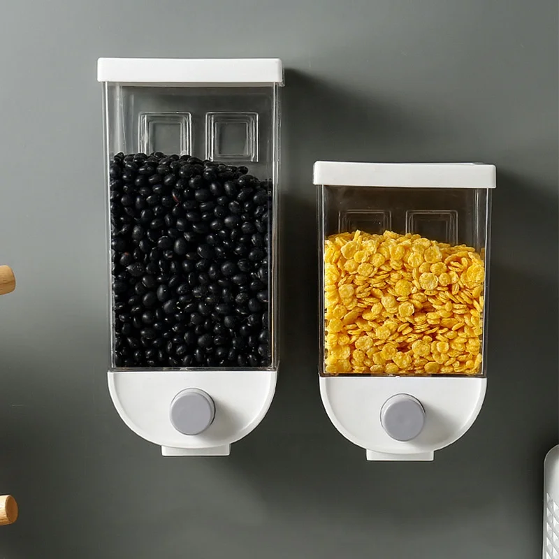 

White Black 1000ml 1500ml Plastic Whole Grains Rice Bucket Kitchen Wall Mounted Dry Food Dispenser
