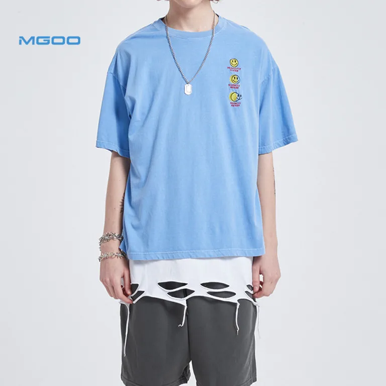 

MGOO Custom Drop Shoulder Oversize T-shirts O-Neck Washed Short Sleeve Men t shirts tee tops Embroidery LOGO