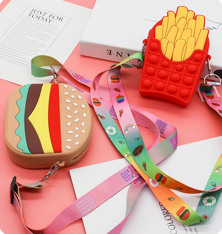 

2020 New Fashion Cute Children Fidget toy mini Cross Body Shoulder Bag hamburger purses and handbags Silicone Pop It Coin Purse, 2 colors