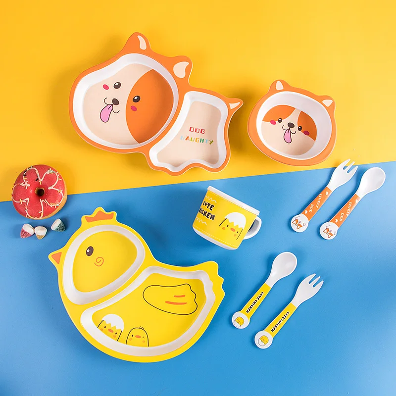 

Cute Cartoon 5 pcs Modern kitchen biodegradable children's tableware set baby dinning plates set bamboo fiber kids dinnerware se