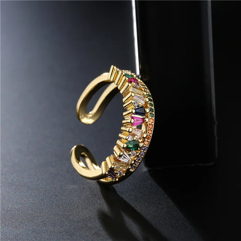 

Best Selling Real Gold Plated Double Layers Micro Pave CZ Adjustable Rings Multi Color Diamond Open Rings For Women Girl