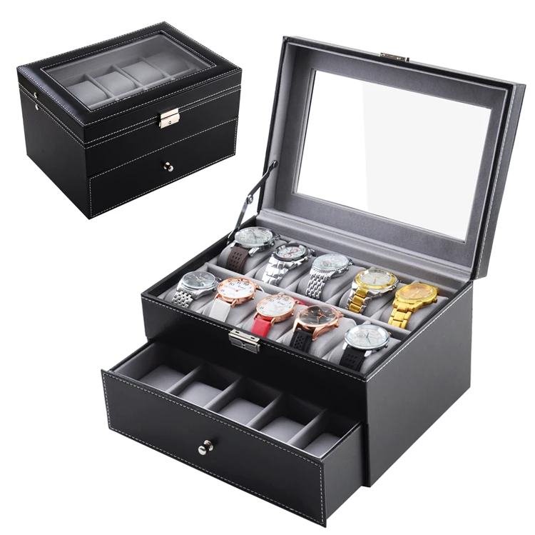 

Wholesale Display Window 2 Layers 20 Slots Black Leather Luxury Watch Box Storage Packaging Case For Men Watch