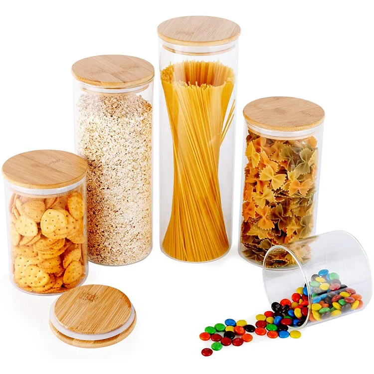 

Wholesale Eco-Friendly 5 Piece Set Bulk Kitchen Bamboo Lids Glass Jars for Candy Cookie Rice Sugar Flour Pasta Nuts, Transparent