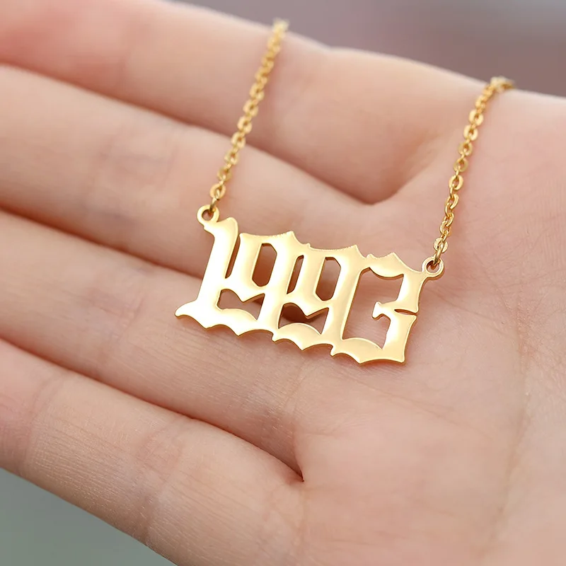 

1980-2020 Gold Silver Plated Girls Lady Charm Old English Stainless Steel Pendant Birth Year Number Necklace Jewelry For Women, Silver & gold color