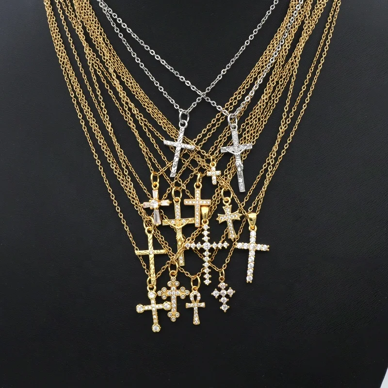 

New Coming Gold Plated crystal jewelry necklace Trendy women girls stainless steel chain cross pendant necklaces