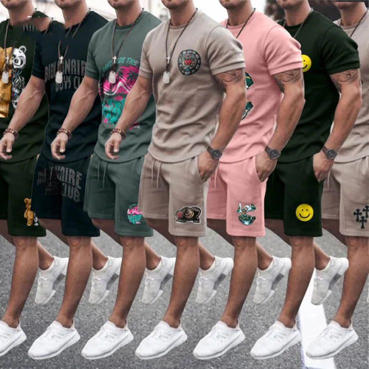 

Wholesale custom men sports short summer tracksuits plain fitted solid color mens summer shorts set, Custom color