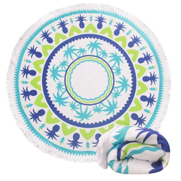 Amazon hot sale sublimation printed  terry microfibre  round beach towel with tassel factory