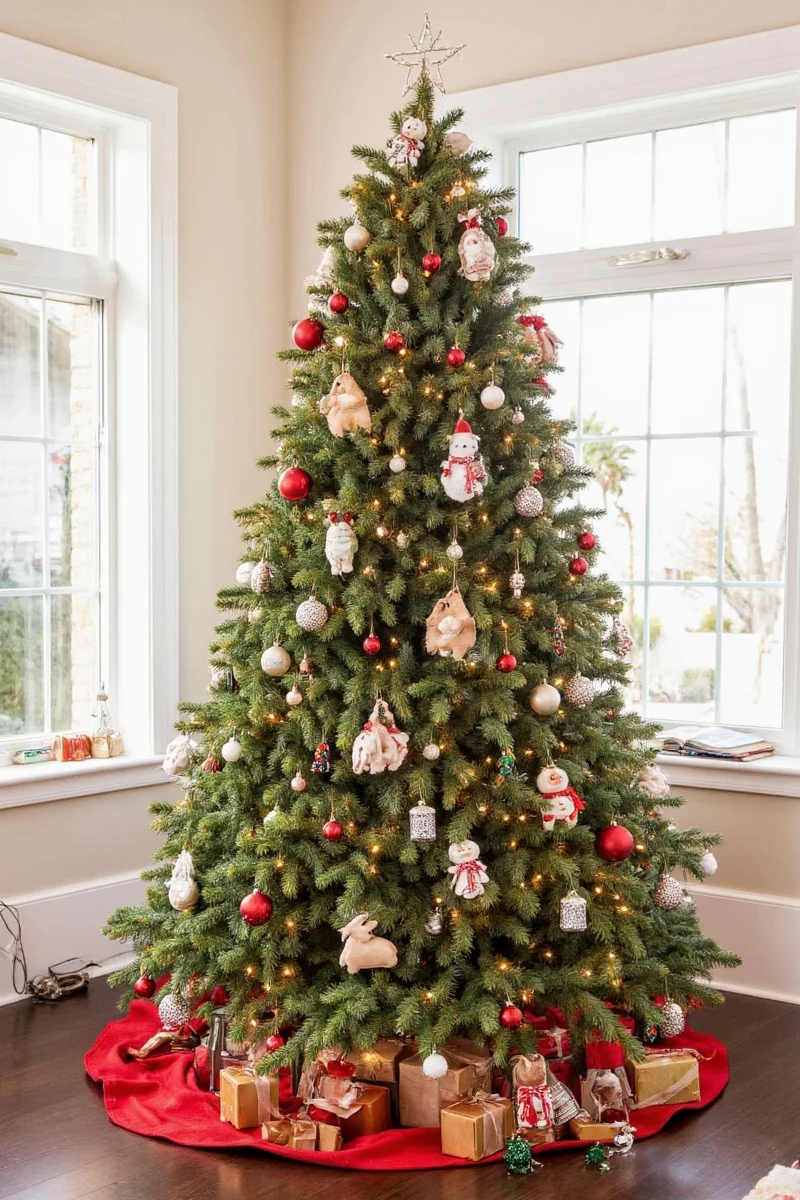 Four decorative stocking holders shaped like different animals (reindeer, owl, dog, and cat) placed near the base of a Christmas tree.