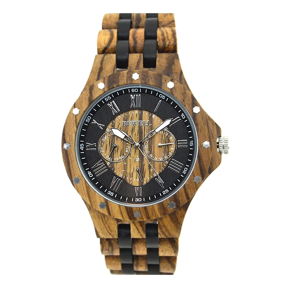 

Best selling wooden products men watches chronograph luxury wood band watch with multifunction movement