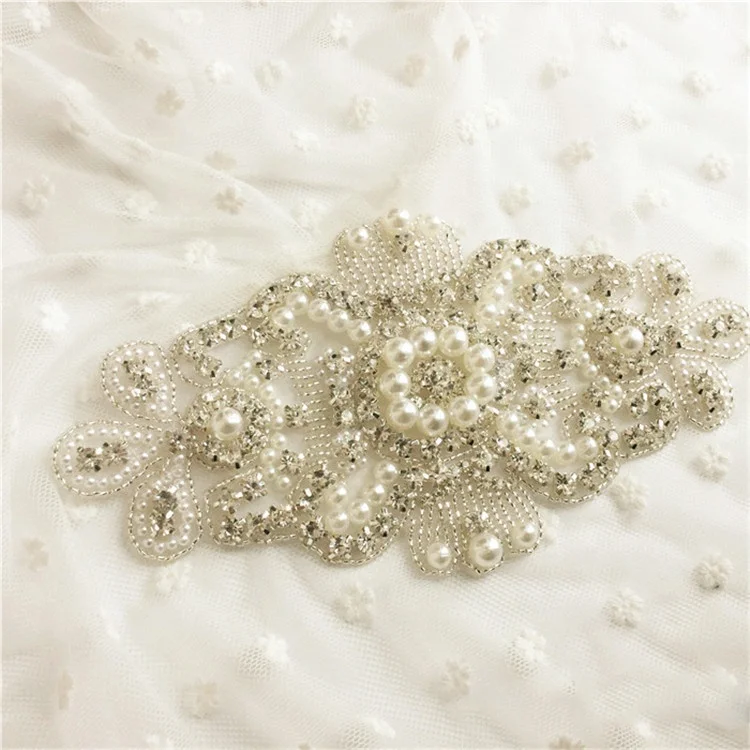 

Embellished pearl heart rhinestone applique for wedding dresses, Clear