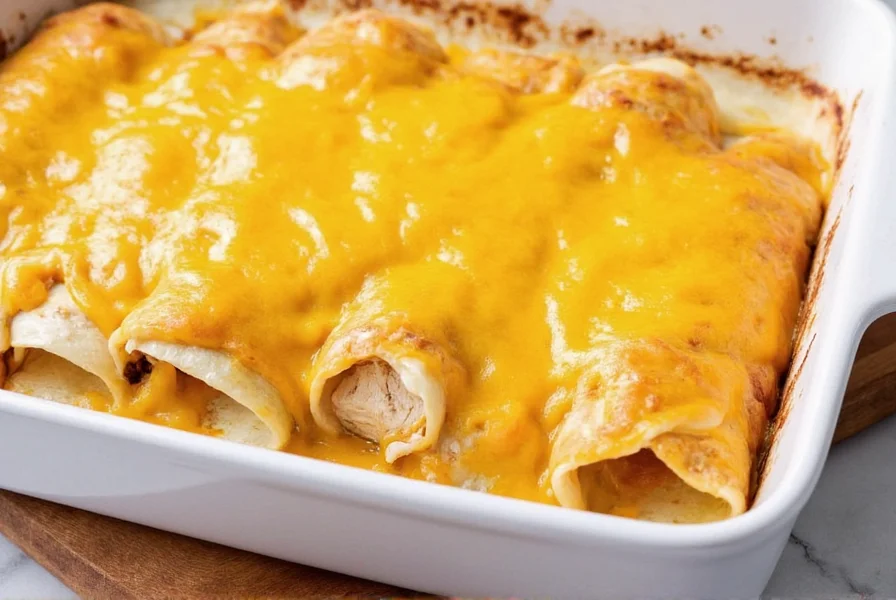 Homemade green chili chicken enchiladas with melted cheese on ceramic dish