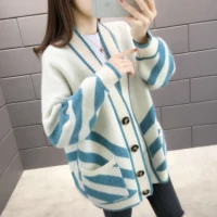 

Korean style preppy style patchwork knitted cardigan sweet color plus size sweater for women