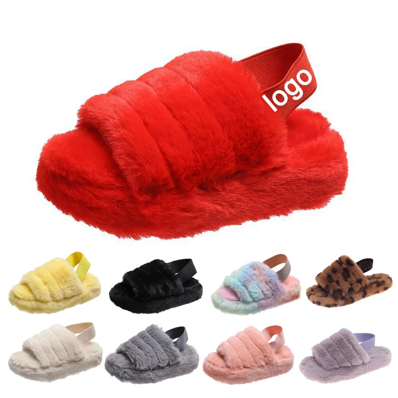 

MYSEKER 2021 Fashion Sexy Leopard Faux Fur Fluffy Slide Witch Strap Logo Custom Color Slide Wool Women Fur Slippers