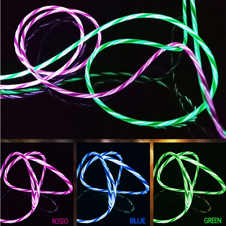 
2.4A fast data charger cable soft TPE material mobile phone use micro 8 pin usb C led flowing cable 