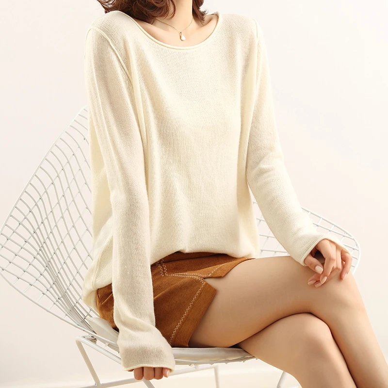 

Wholesale 100% cashmere sweater fall winter crew neck pullover autumn women's cashmere sweaters, Beige