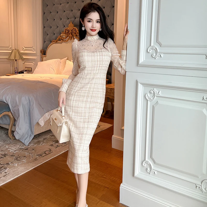 

ZYHT 20762 Stand Collar Mesh Splicing Tweed Plaid Buttock Dress Female Puff Sleeve Small Fragrant Wind Dress