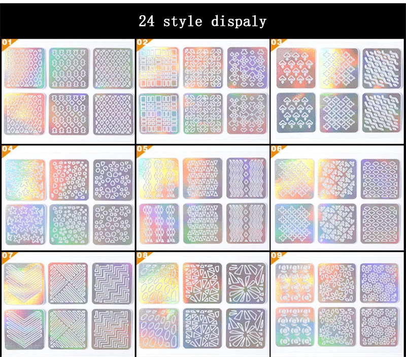 24pcs Flash Nail Vinyls Foil Airbrush Polish Stamping Tool Fashion Flash Hollow Nail Sticker Stencil Laser 3D Nail Art stickers.jpg
